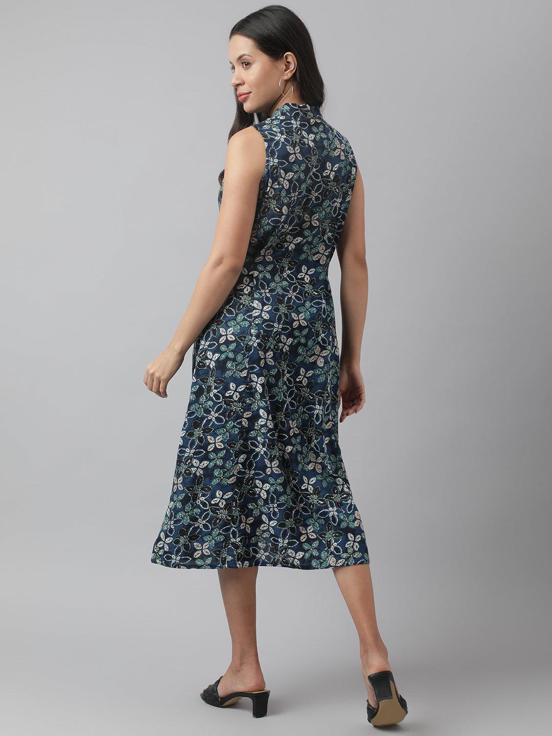 Rayon Navy Blue A-Line Floral Printed Party Wear Midi Dress