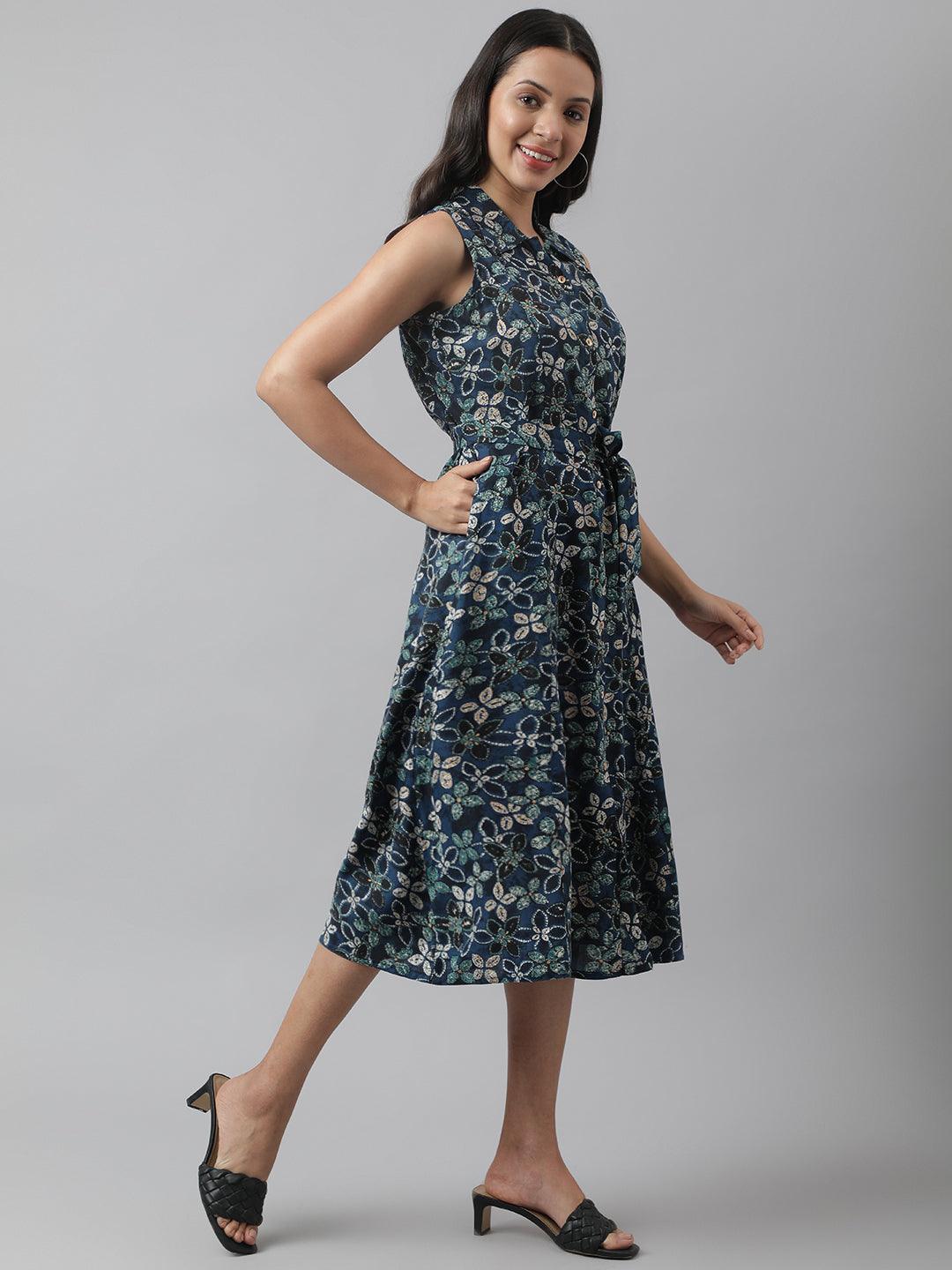 Rayon Navy Blue A-Line Floral Printed Party Wear Midi Dress