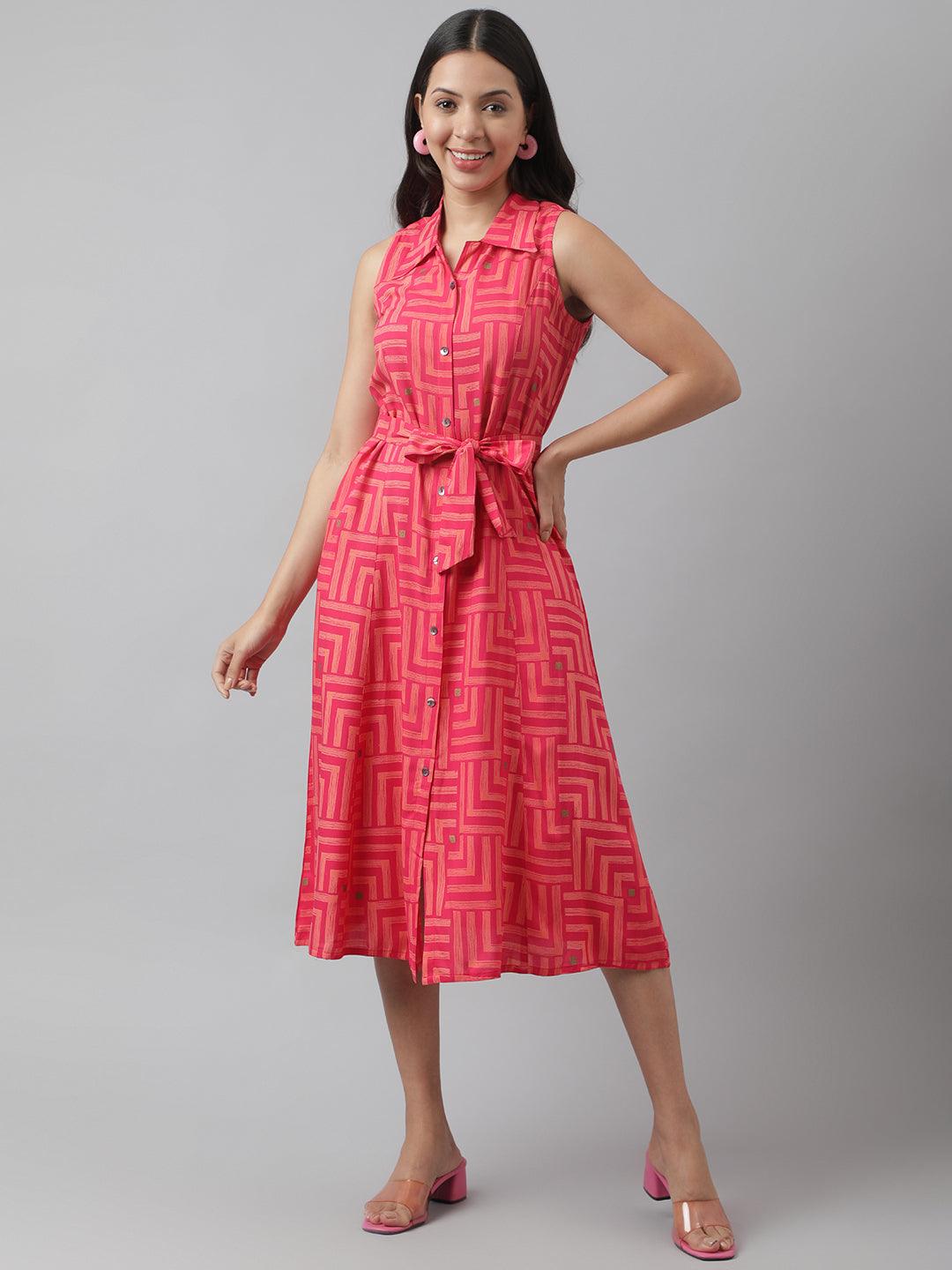 Rayon Pink A-Line Floral Printed Party Wear Midi Dress