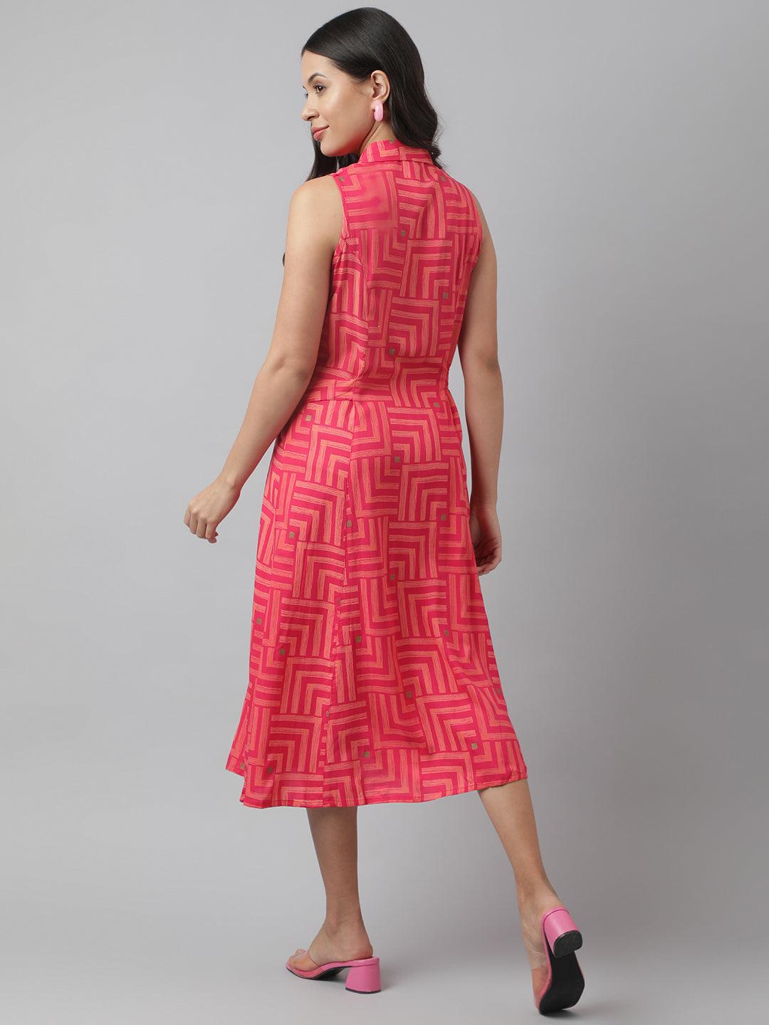 Rayon Pink A-Line Floral Printed Party Wear Midi Dress