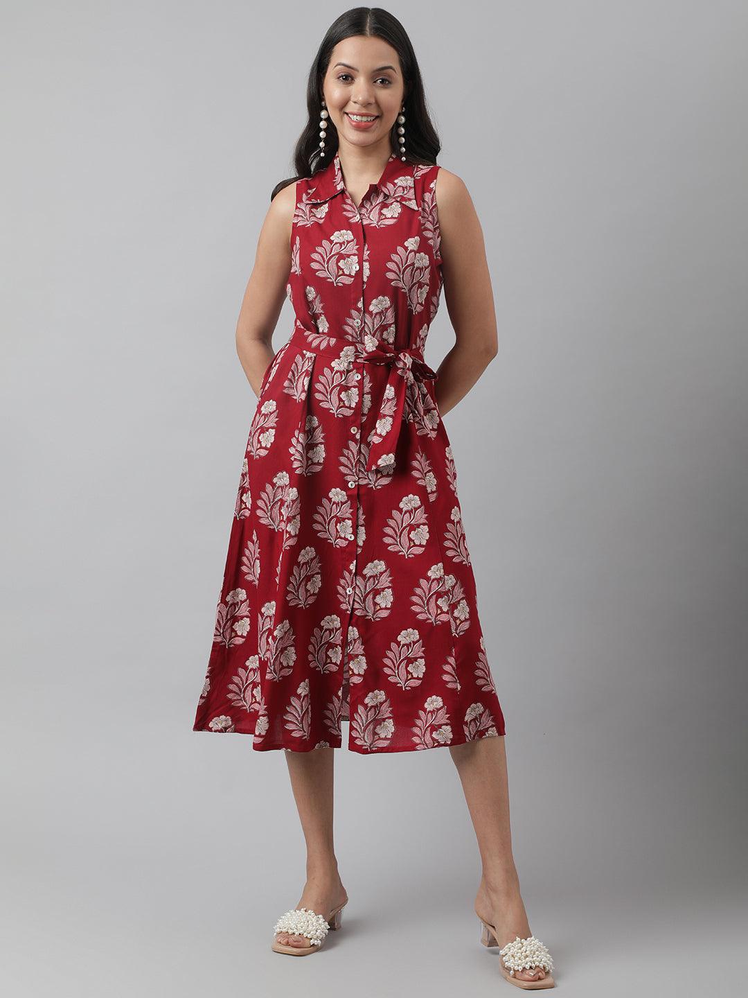 Party Wear Rayon Maroon & Pink A-Line Floral Printed Midi Dress