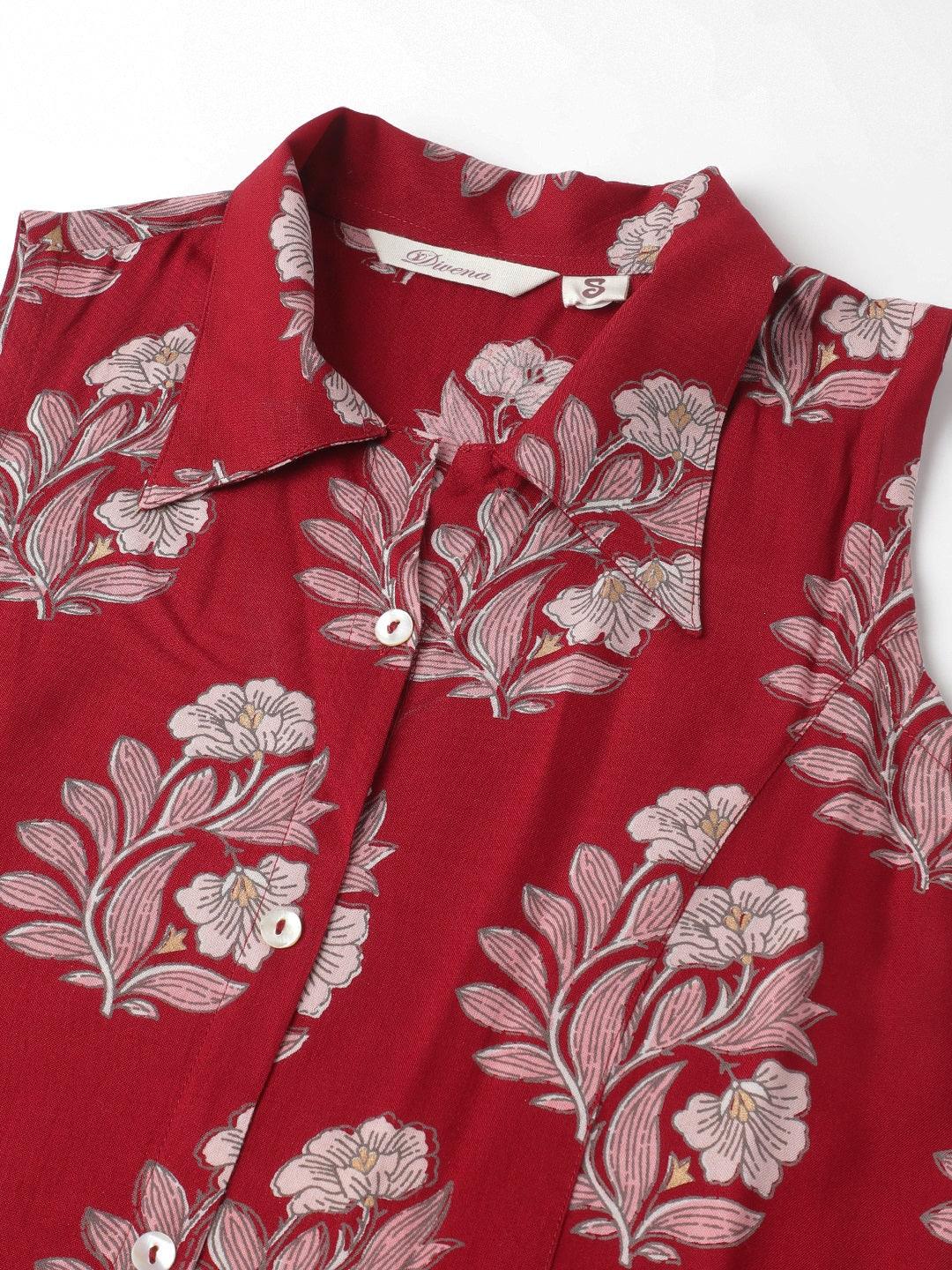 Party Wear Rayon Maroon & Pink A-Line Floral Printed Midi Dress