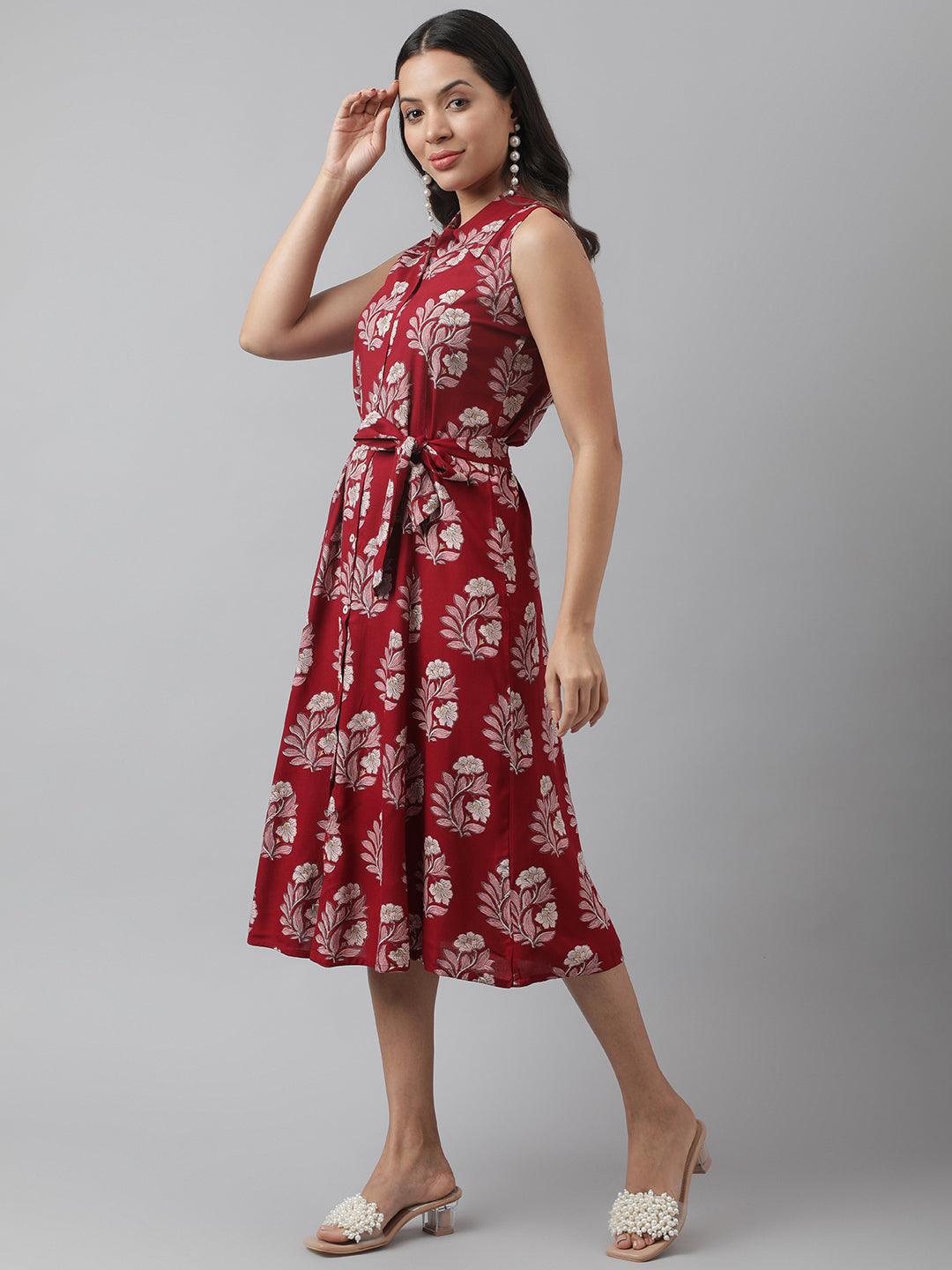 Party Wear Rayon Maroon & Pink A-Line Floral Printed Midi Dress
