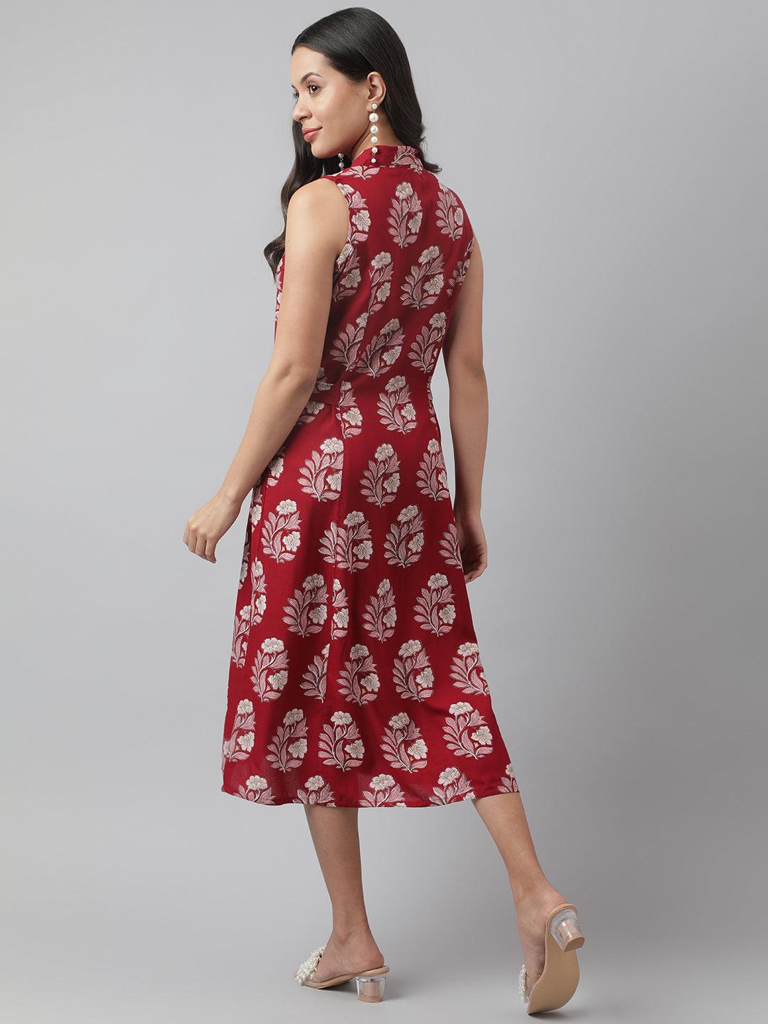 Party Wear Rayon Maroon & Pink A-Line Floral Printed Midi Dress