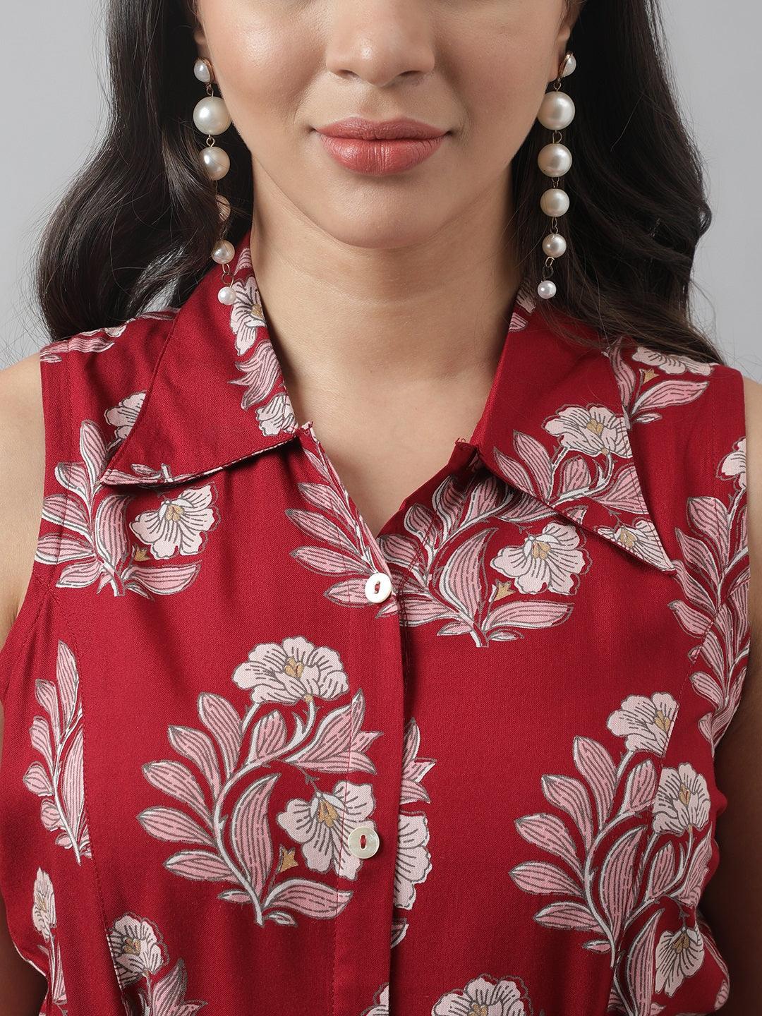 Party Wear Rayon Maroon & Pink A-Line Floral Printed Midi Dress