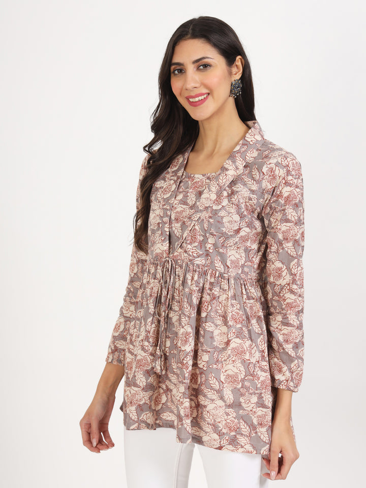 Ethnic Grey Floral Printed Cotton Top