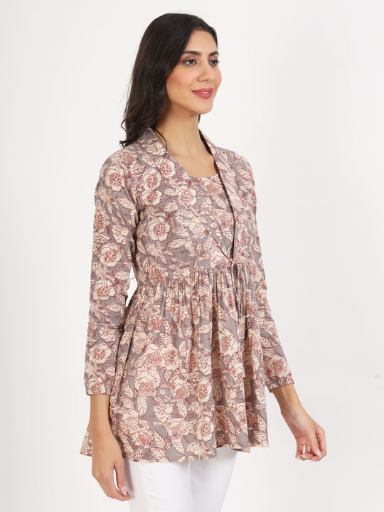 Ethnic Grey Floral Printed Cotton Top
