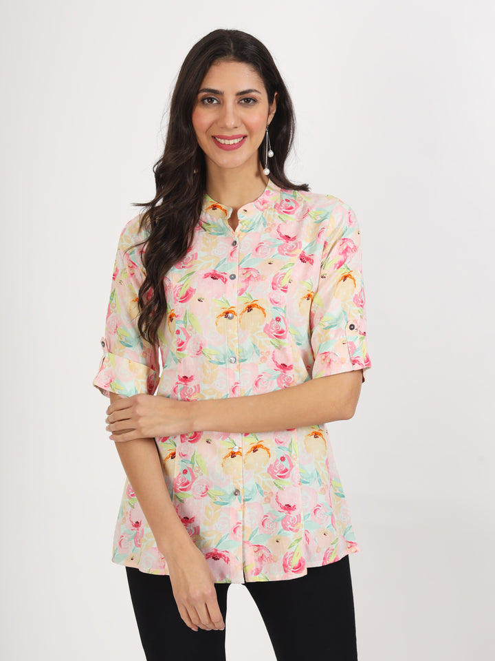 Ethnic Green Floral Printed Rayon Top