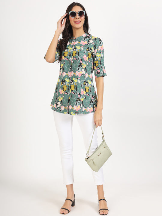 Ethnic Green Pink Floral Printed Rayon Top For Women
