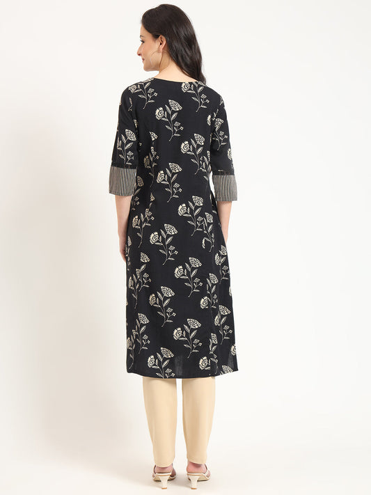 Black Floral Print Cotton Fabric A-line Kurta