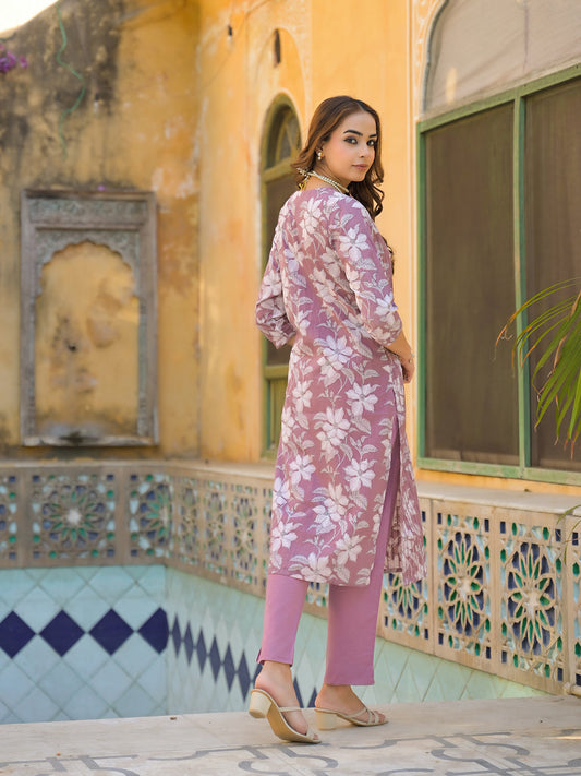 Peach Floral Print Cotton Straight Kurta Pant with Dupatta