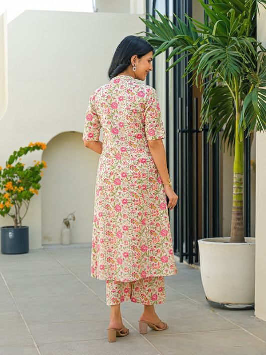 Off White Floral A-Line Cotton Kurta Pant Sets