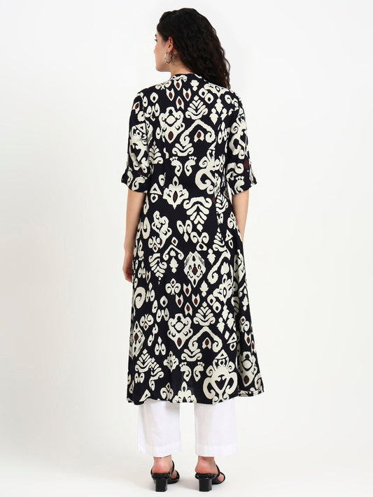 Black Asymetric Print Rayon Kurta