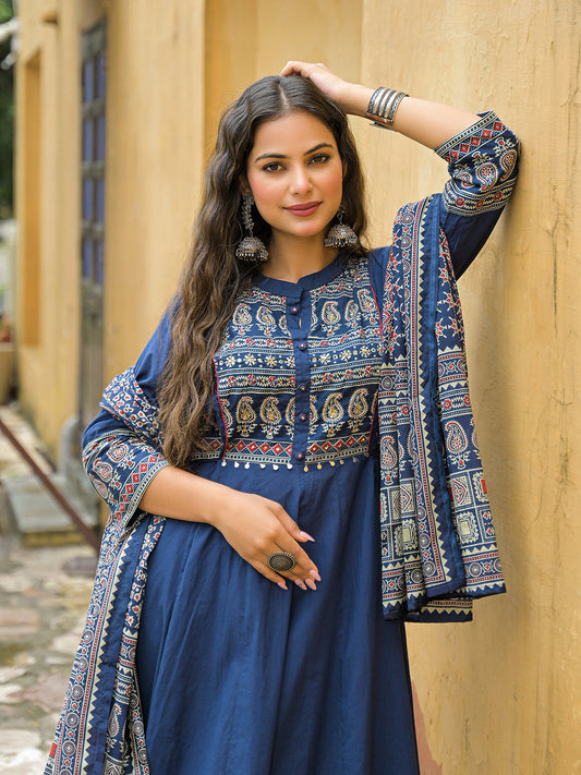 Blue Paisley Print Cotton Anarkali Kurta Pant Set With Dupatta