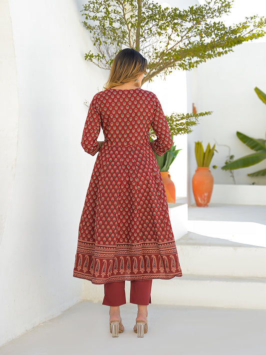 Maroon V-Neck Anarkali Floral Cotton Kurta Pant Set With Dupatta