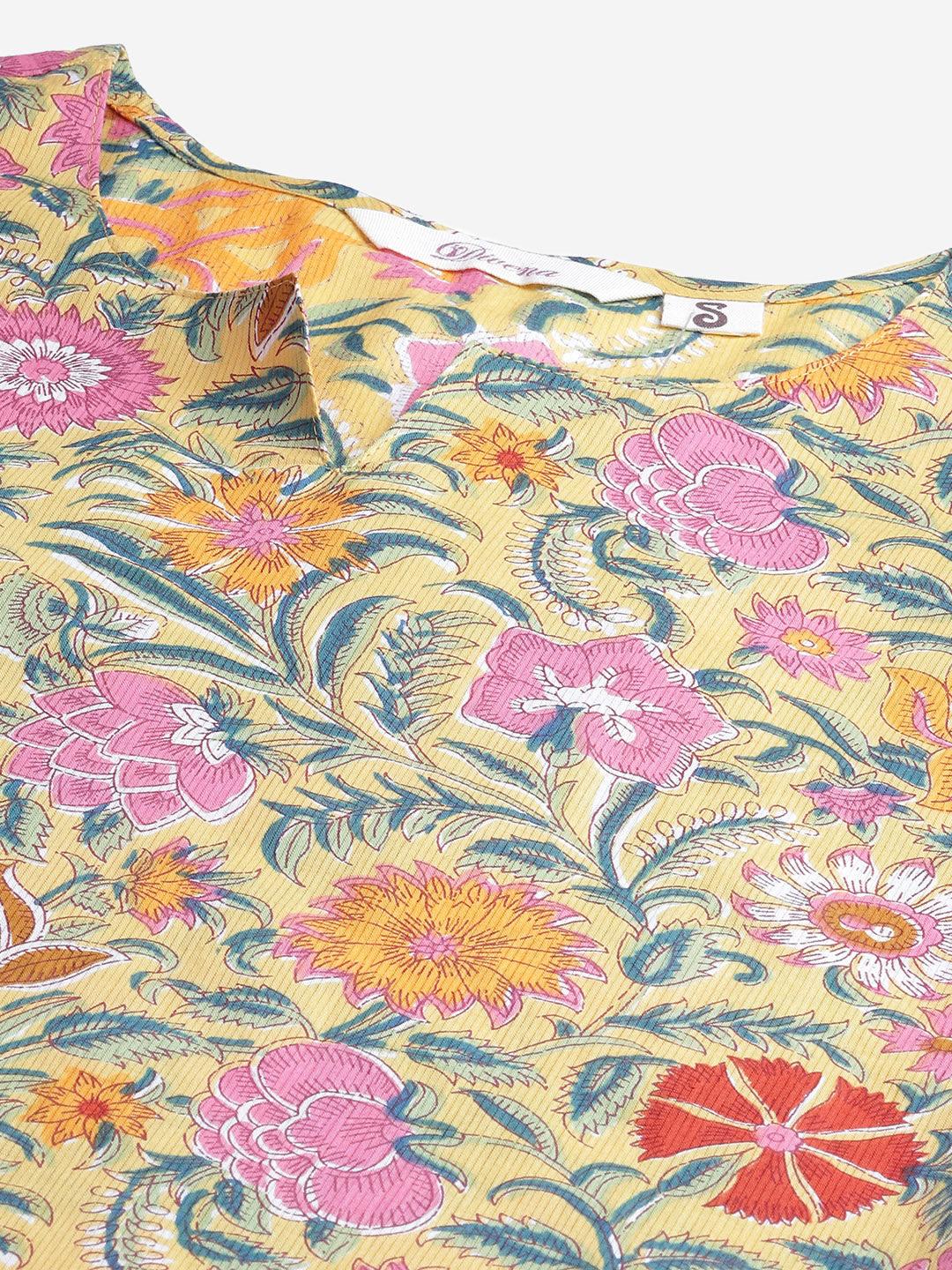 Yellow Printed Cotton Night Wear For Women
