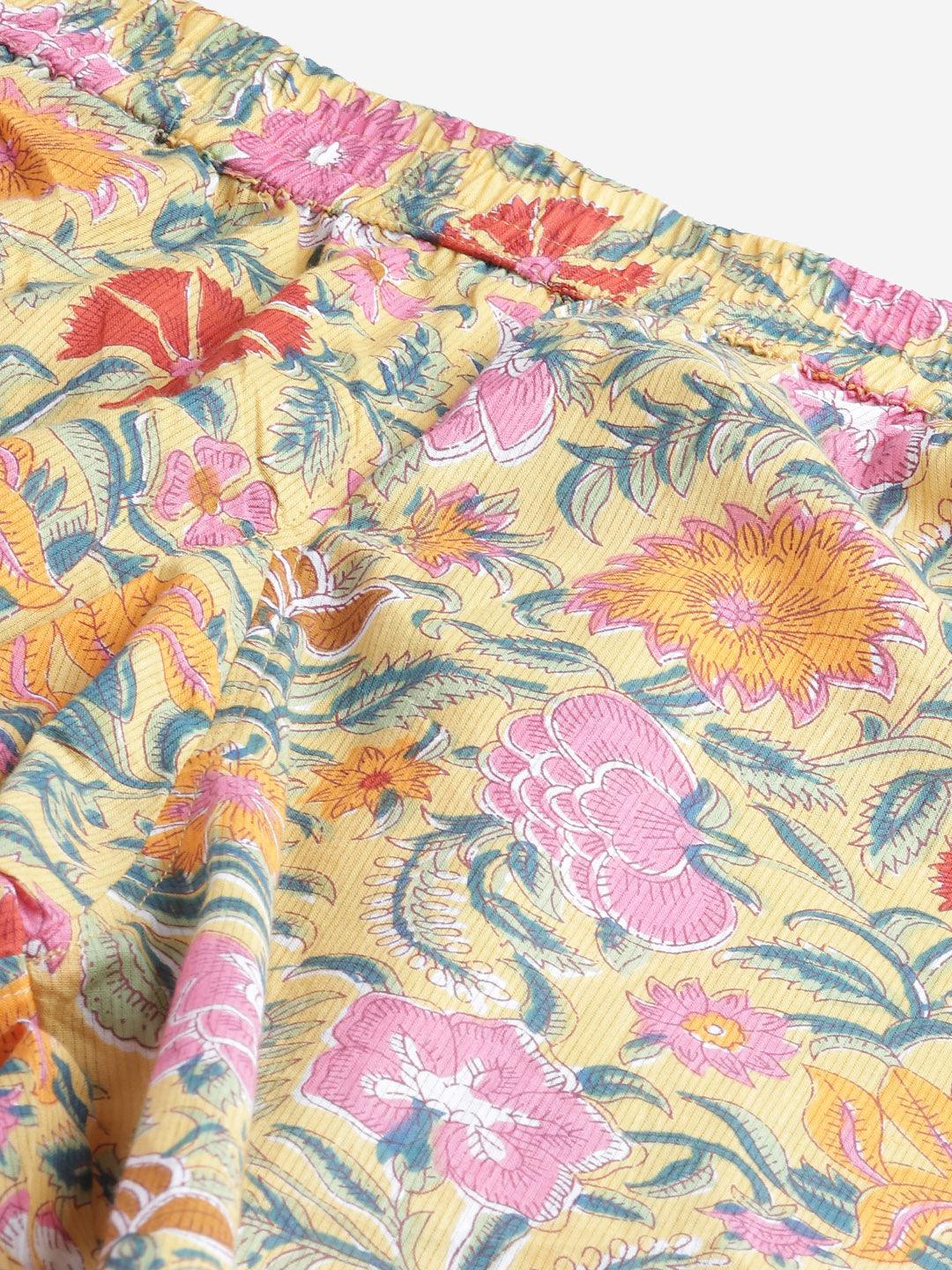 Yellow Printed Cotton Night Wear For Women
