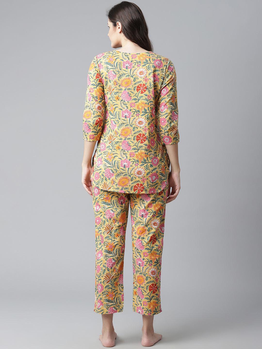 Yellow Printed Cotton Night Wear For Women