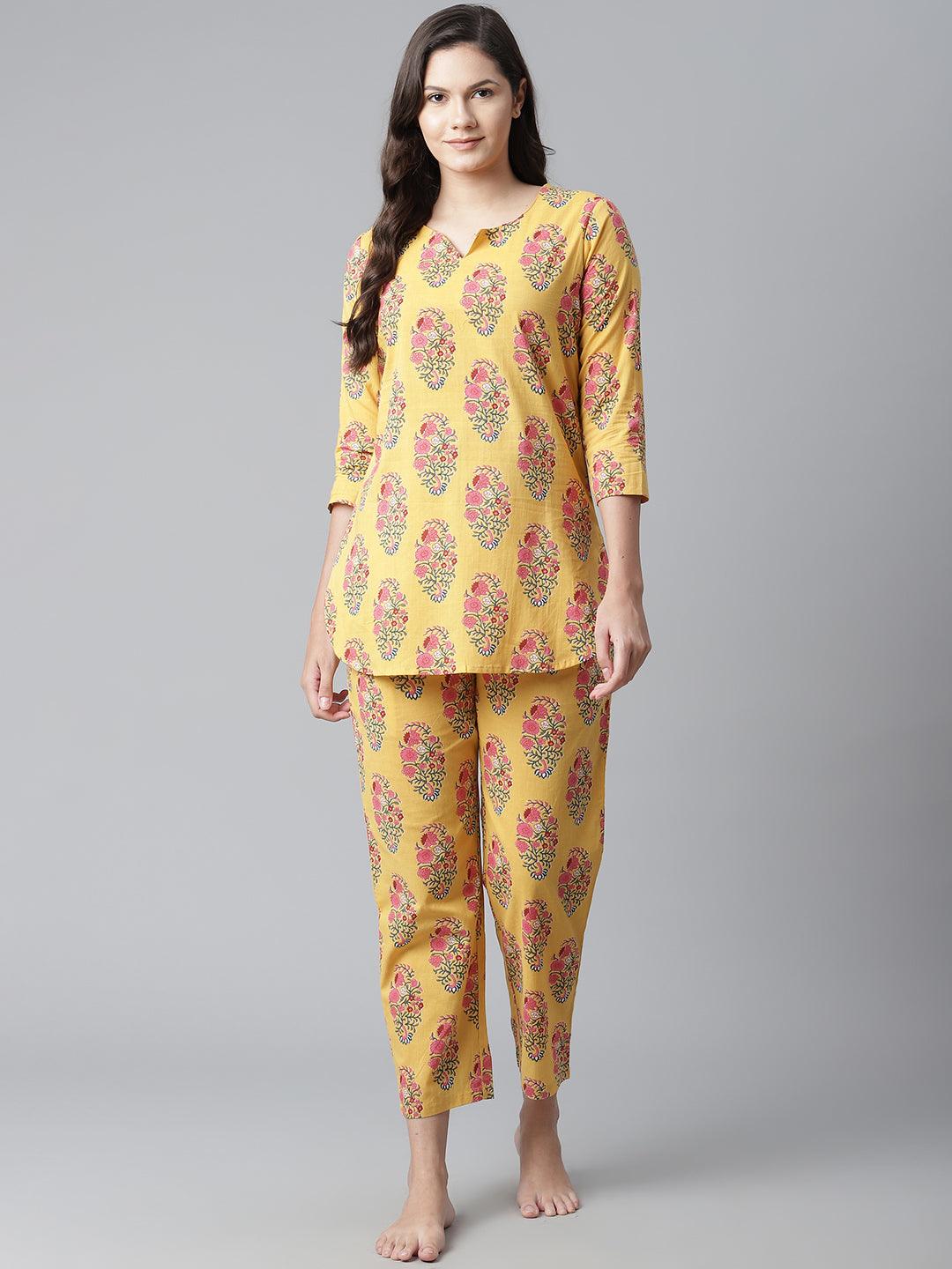 Yellow Flower Cotton Motif Nightwear For Women
