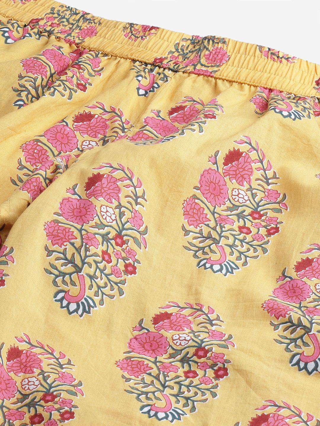 Yellow Flower Cotton Motif Nightwear For Women