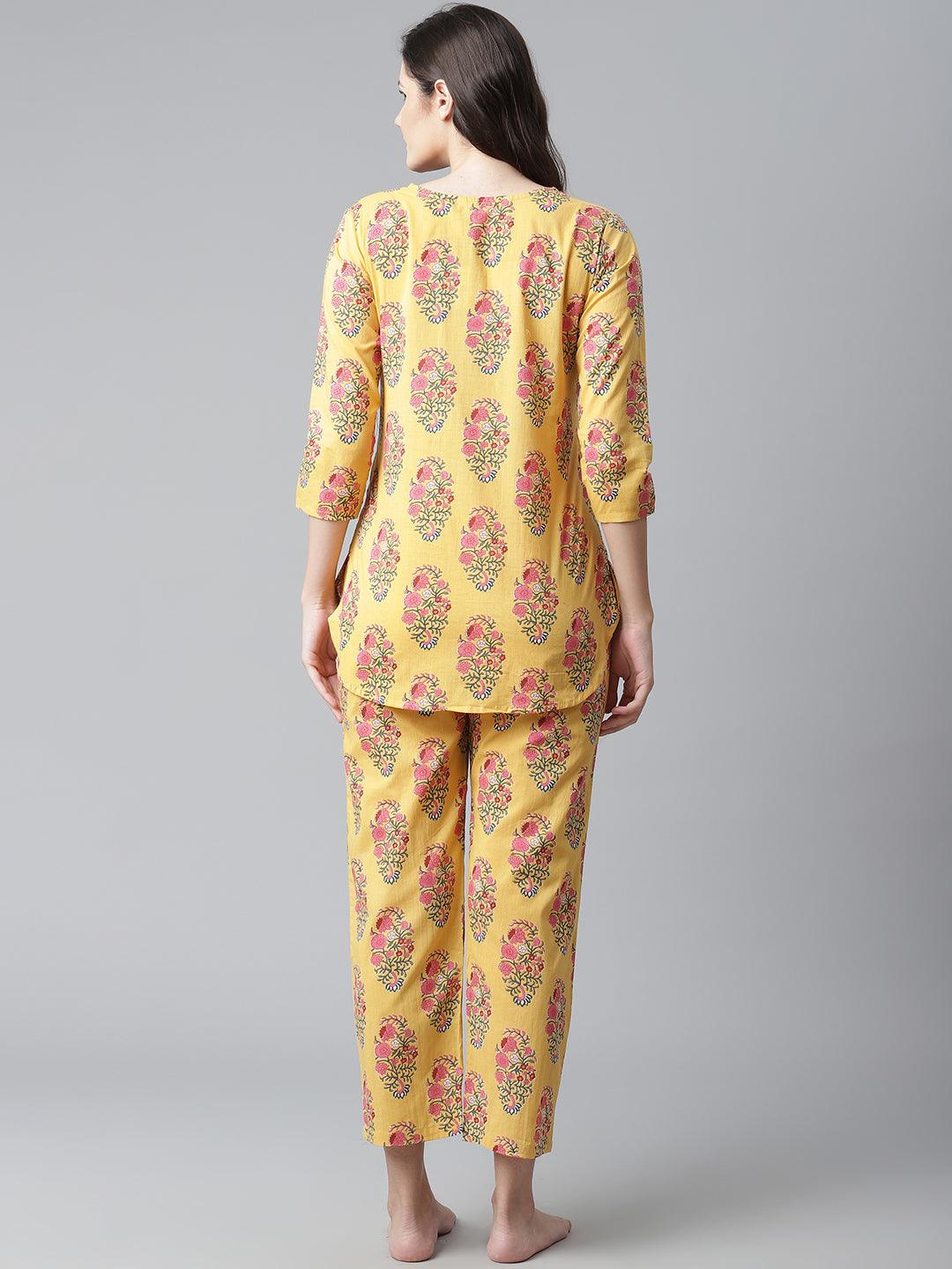 Yellow Flower Cotton Motif Nightwear For Women