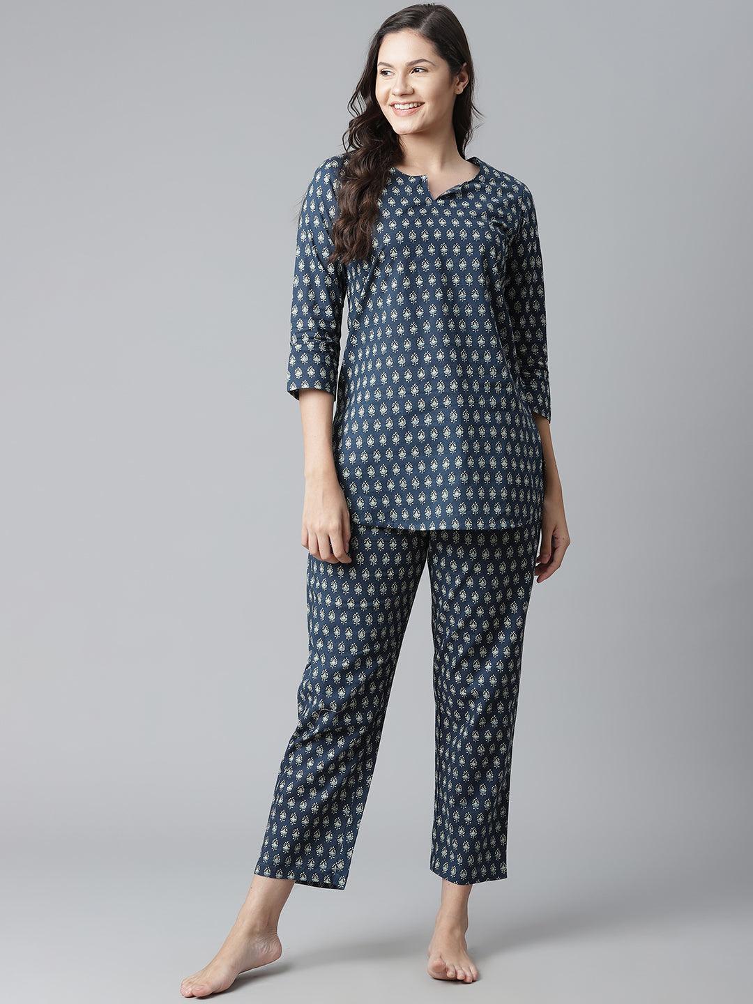 Dark Blue Buti Print Cotton Nightwear For Women