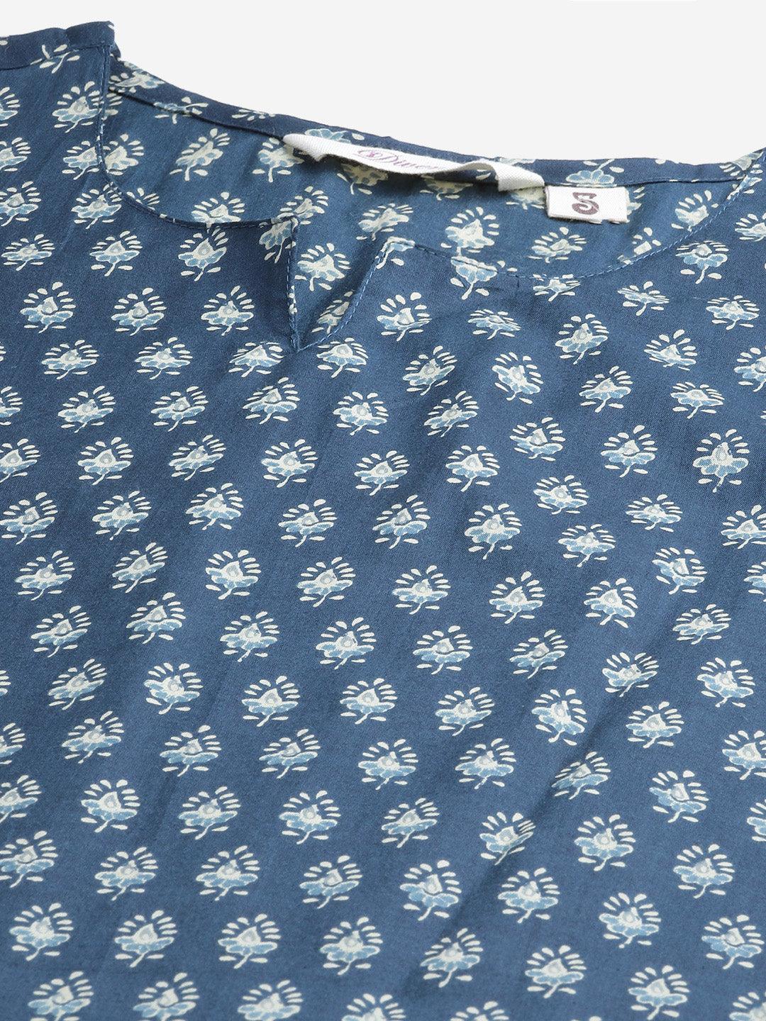 Dark Blue Buti Print Cotton Nightwear For Women