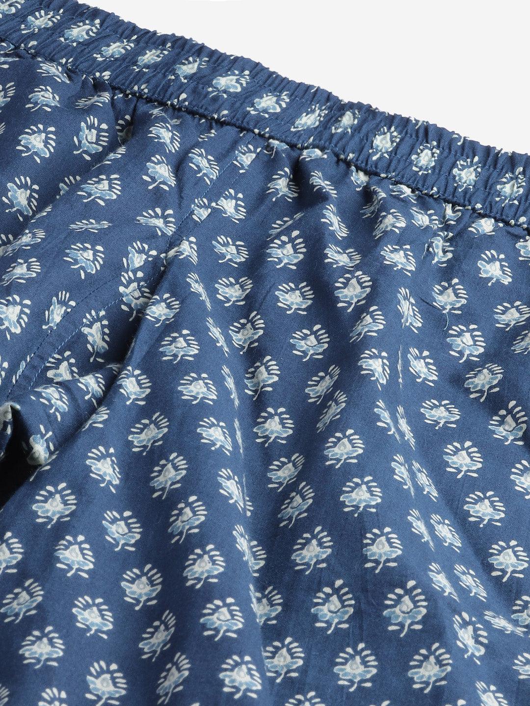 Dark Blue Buti Print Cotton Nightwear For Women