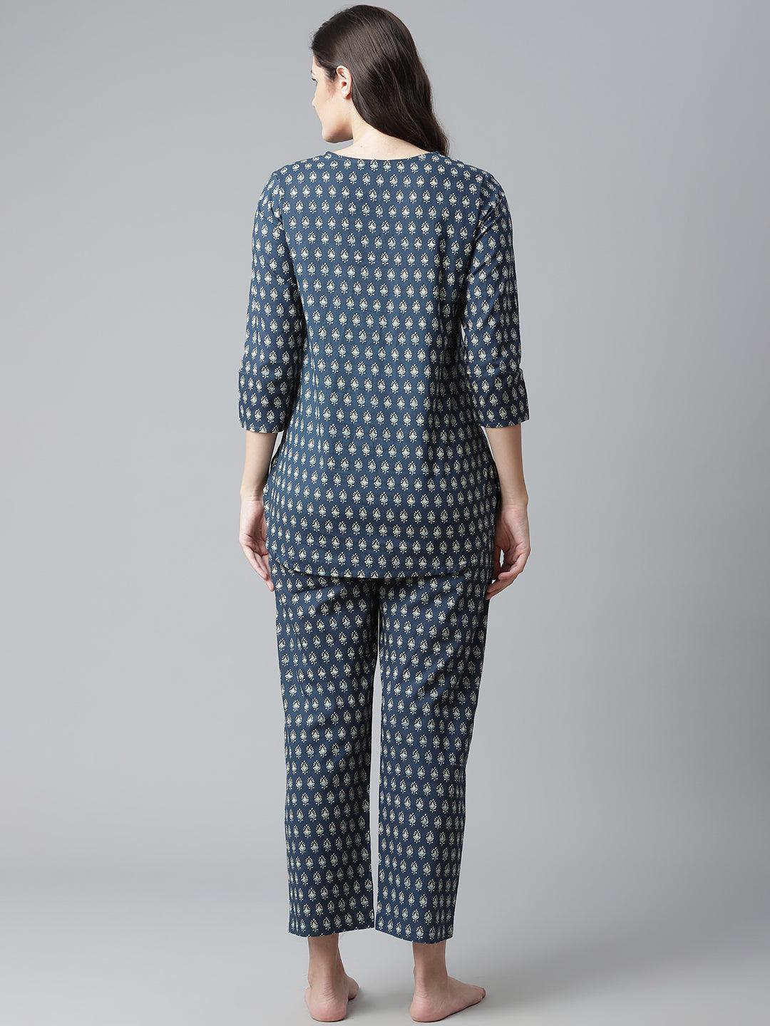 Dark Blue Buti Print Cotton Nightwear For Women
