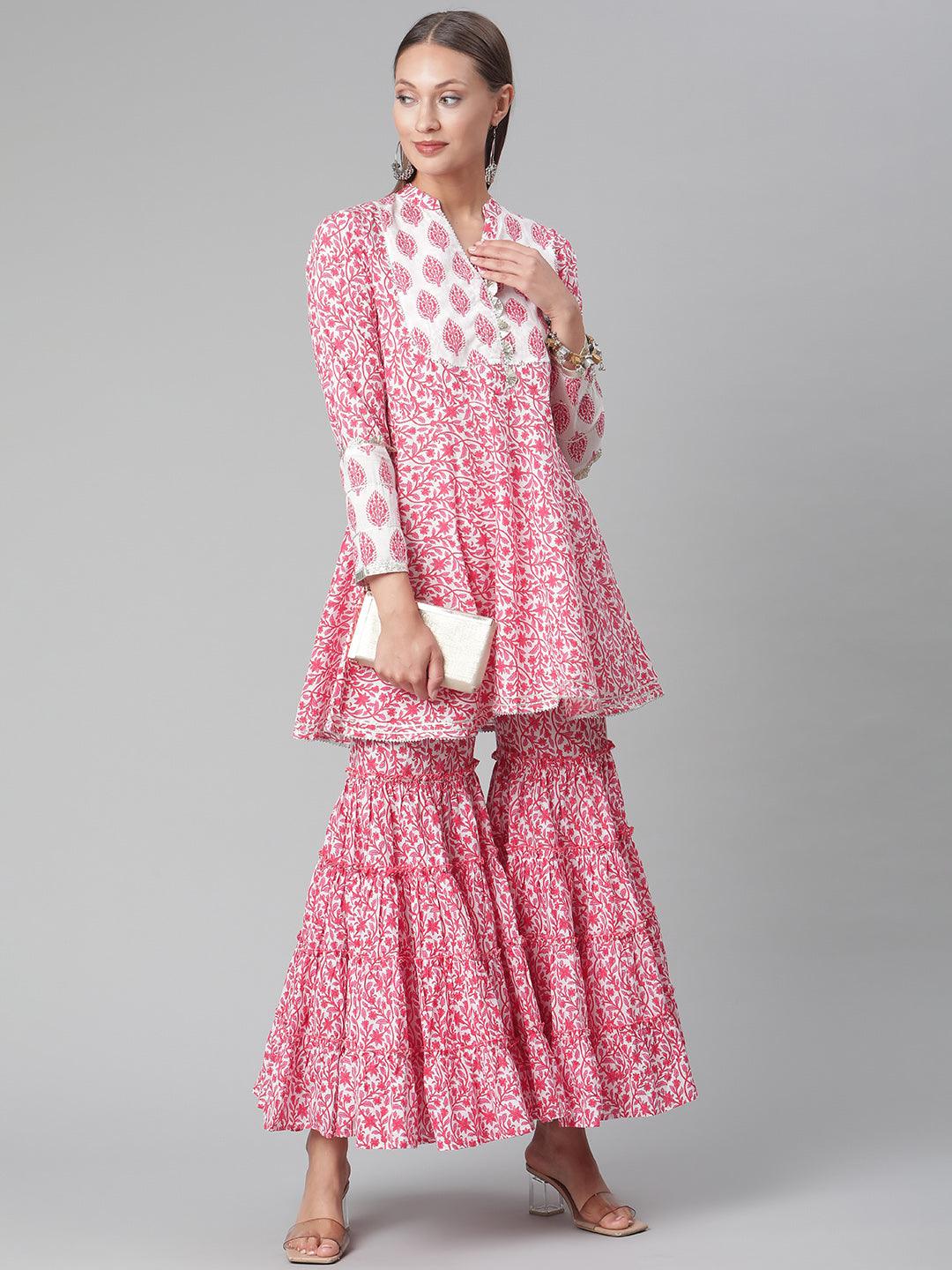 Divena Red White Peplum kurta With Sharara Set