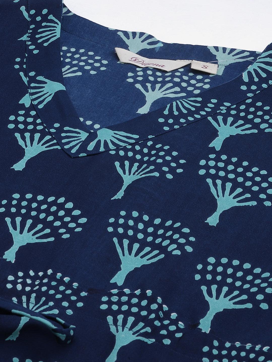 Navy Blue Floral Cotton Party Wear Kaftan