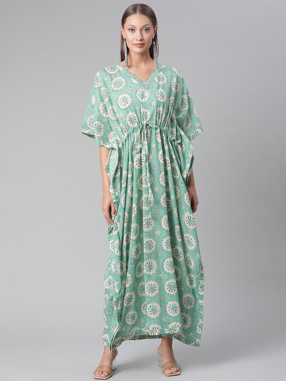Sea Green Floral Cotton Party Waer Kaftan