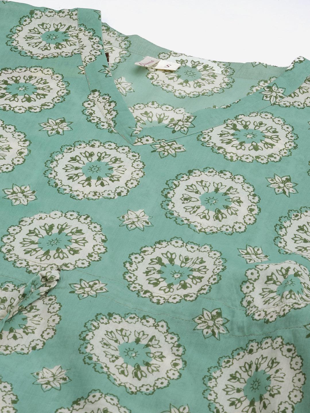 Sea Green Floral Cotton Party Waer Kaftan
