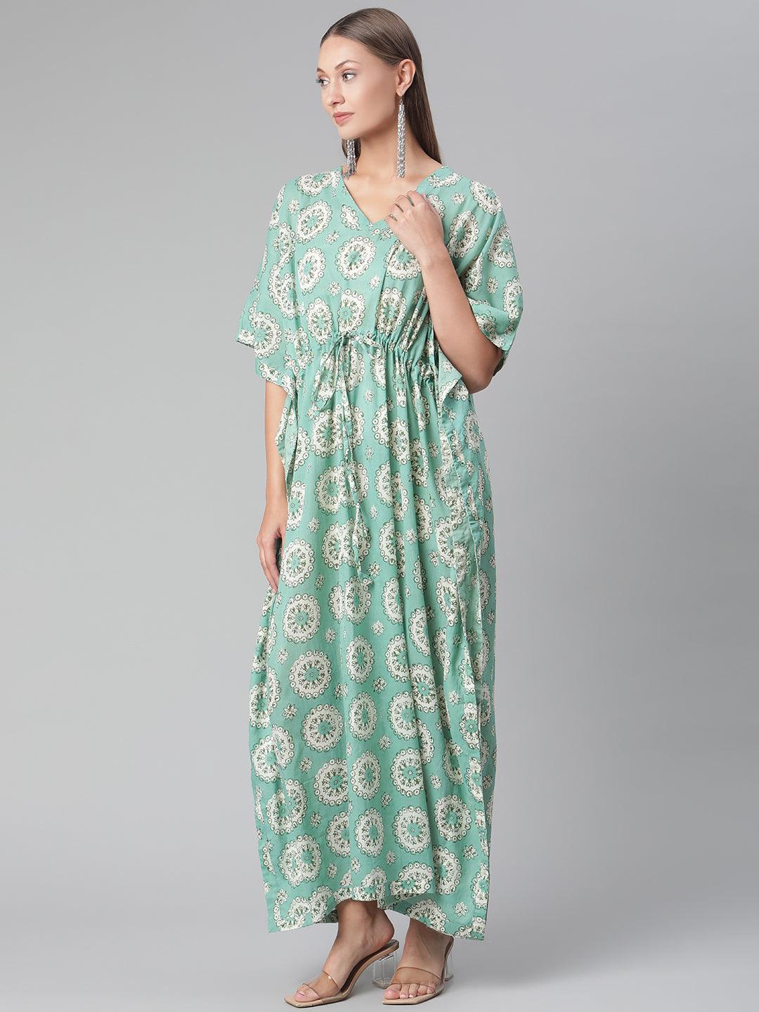 Sea Green Floral Cotton Party Waer Kaftan