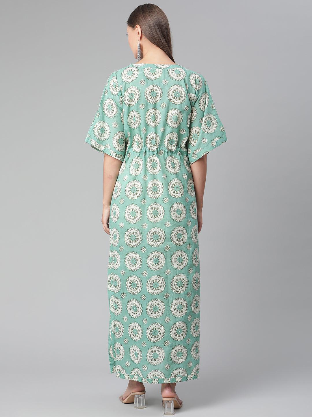 Sea Green Floral Cotton Party Waer Kaftan