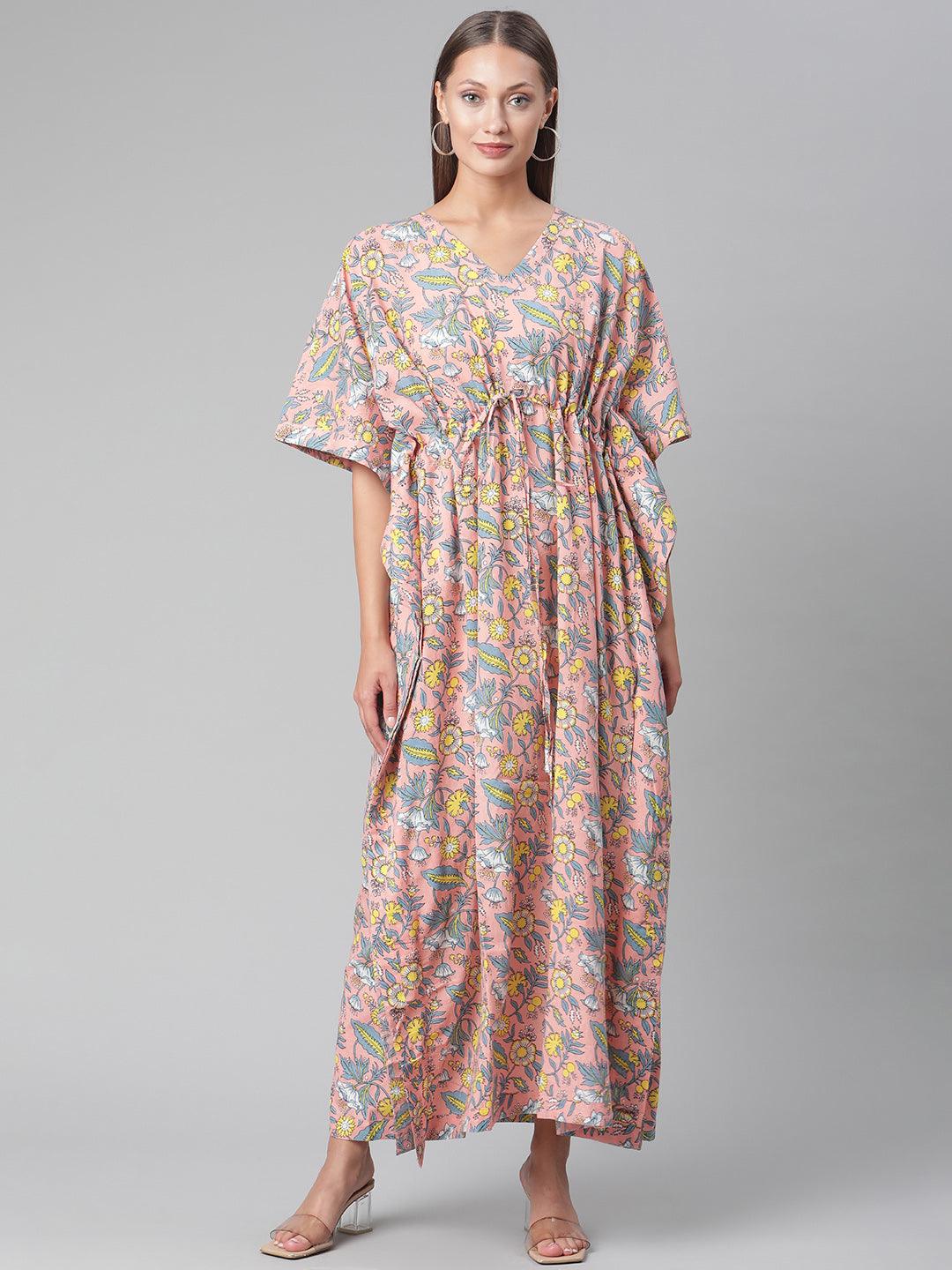 Party Wear Pink Floral Cotton Kaftan