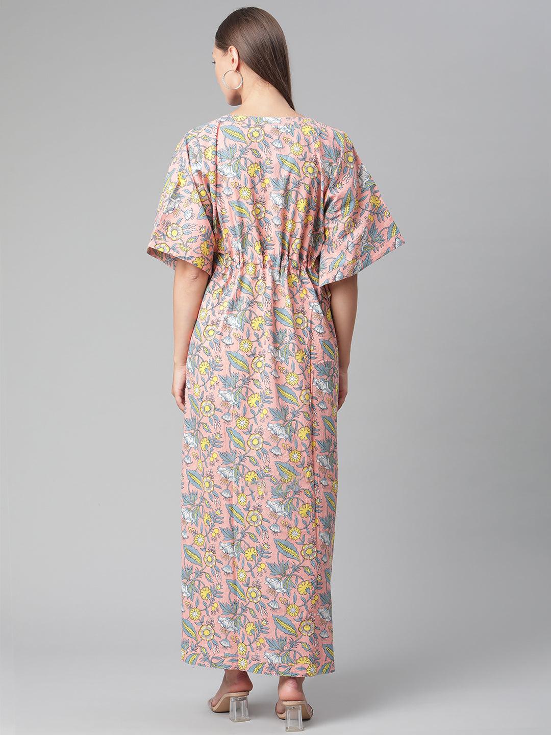 Party Wear Pink Floral Cotton Kaftan