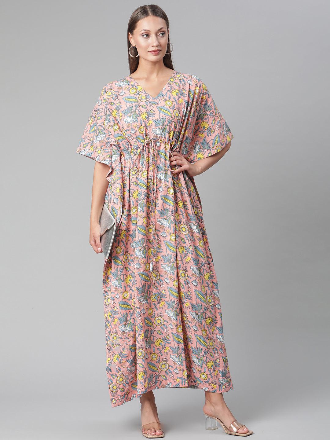 Party Wear Pink Floral Cotton Kaftan