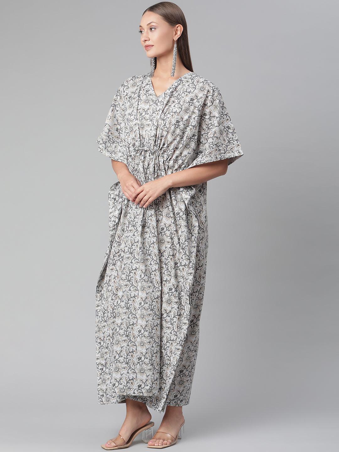 Grey Floral Cotton Party Wear Kaftan