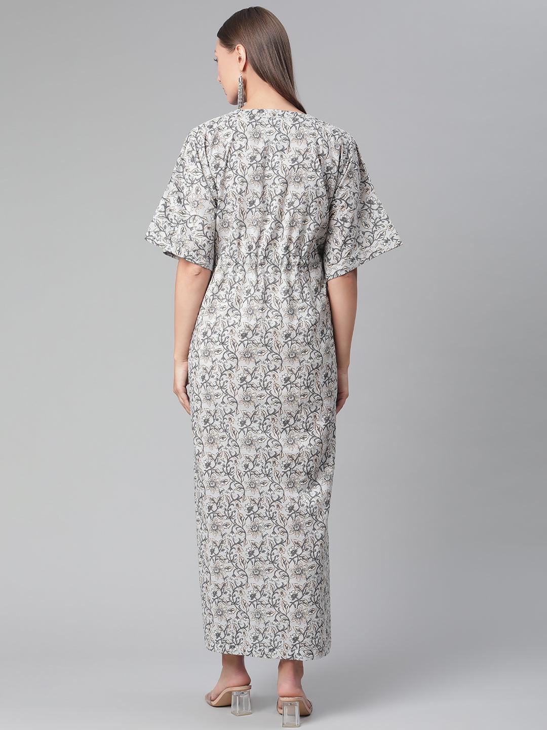 Grey Floral Cotton Party Wear Kaftan