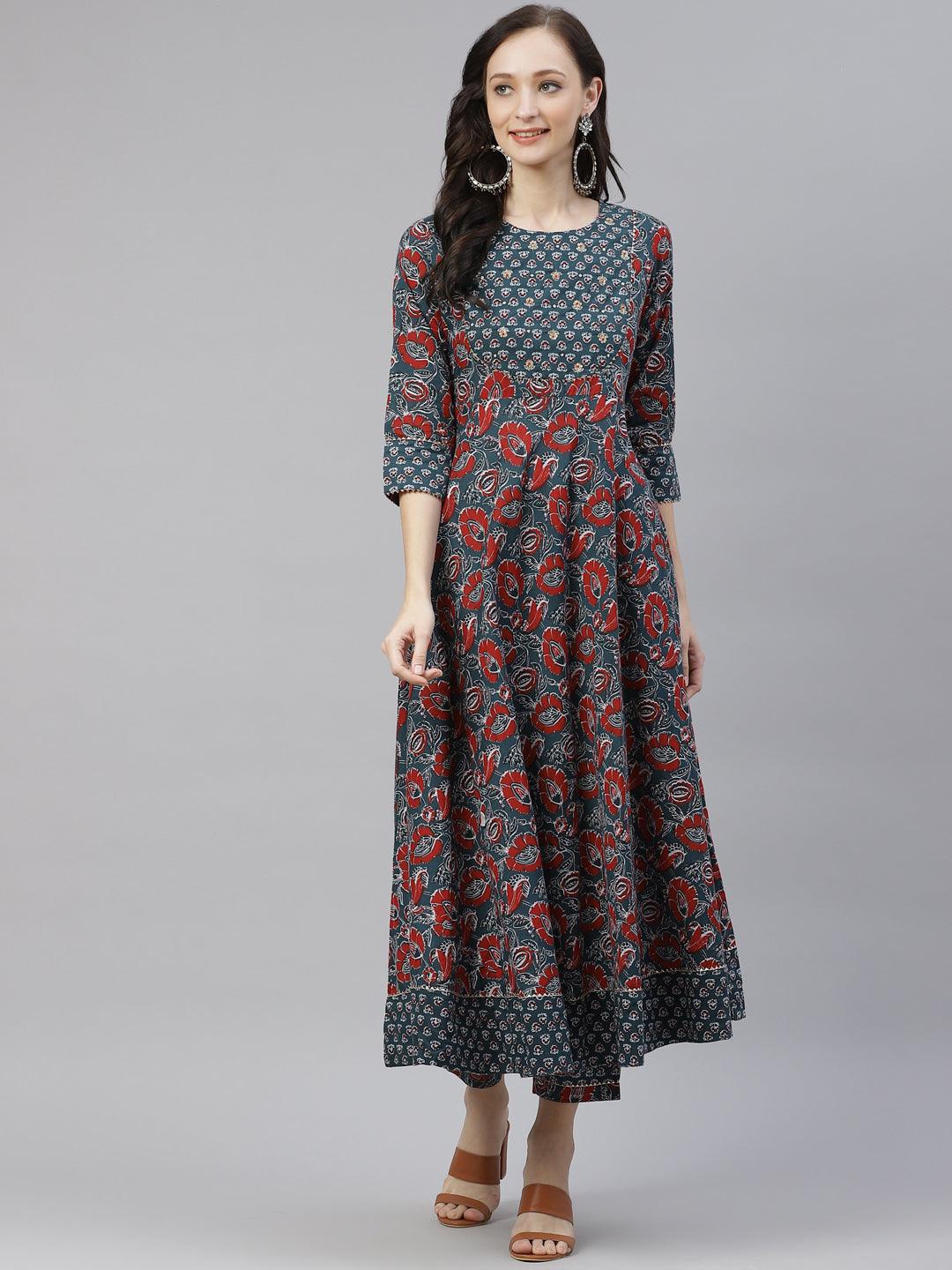 Dark Green Cotton Flaired Kurta Pant Set For Women