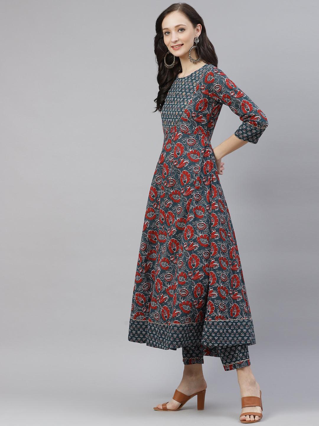 Dark Green Cotton Flaired Kurta Pant Set For Women