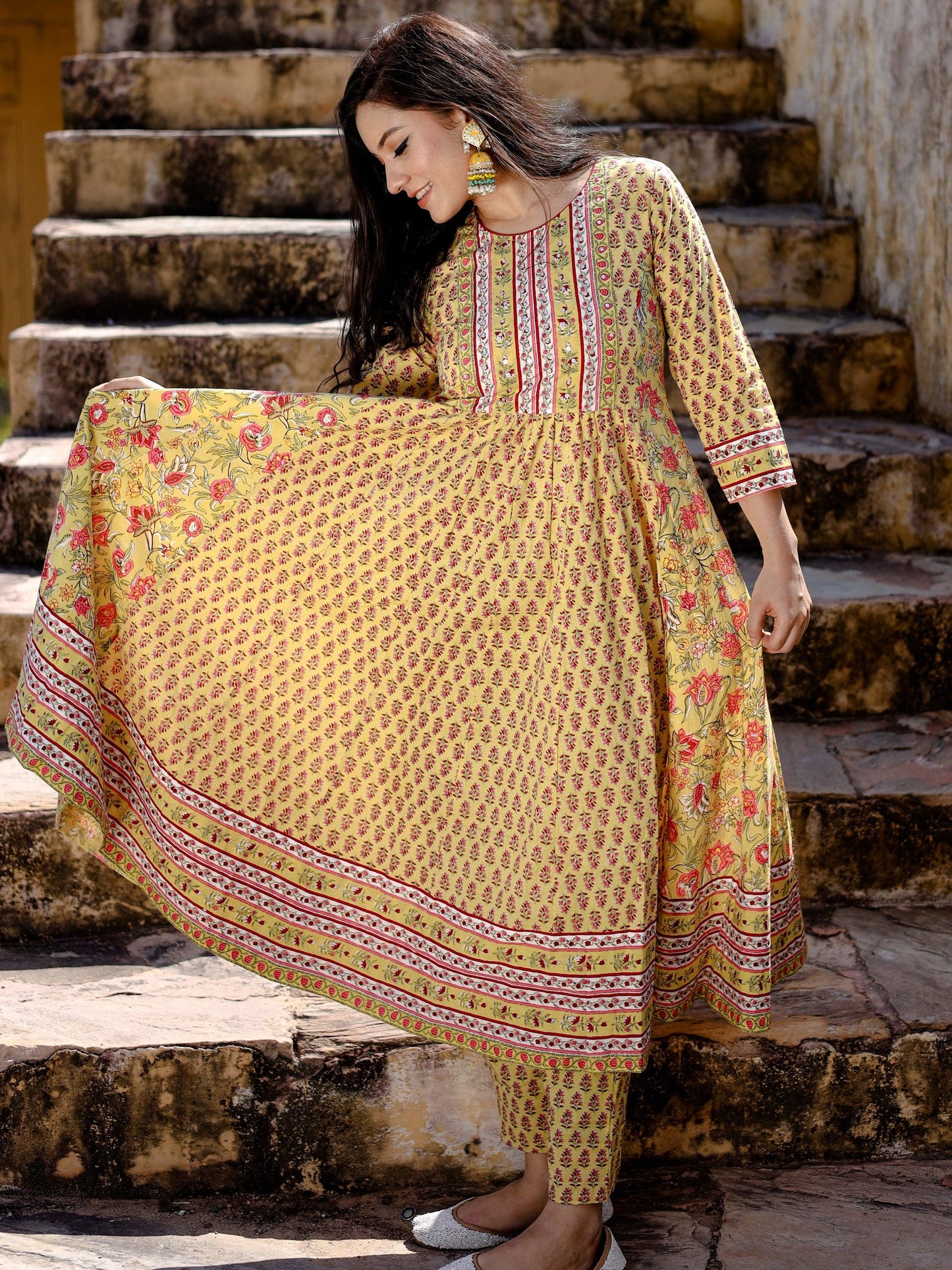 Divena Yellow Cotton Anarkali Kurta pant Set