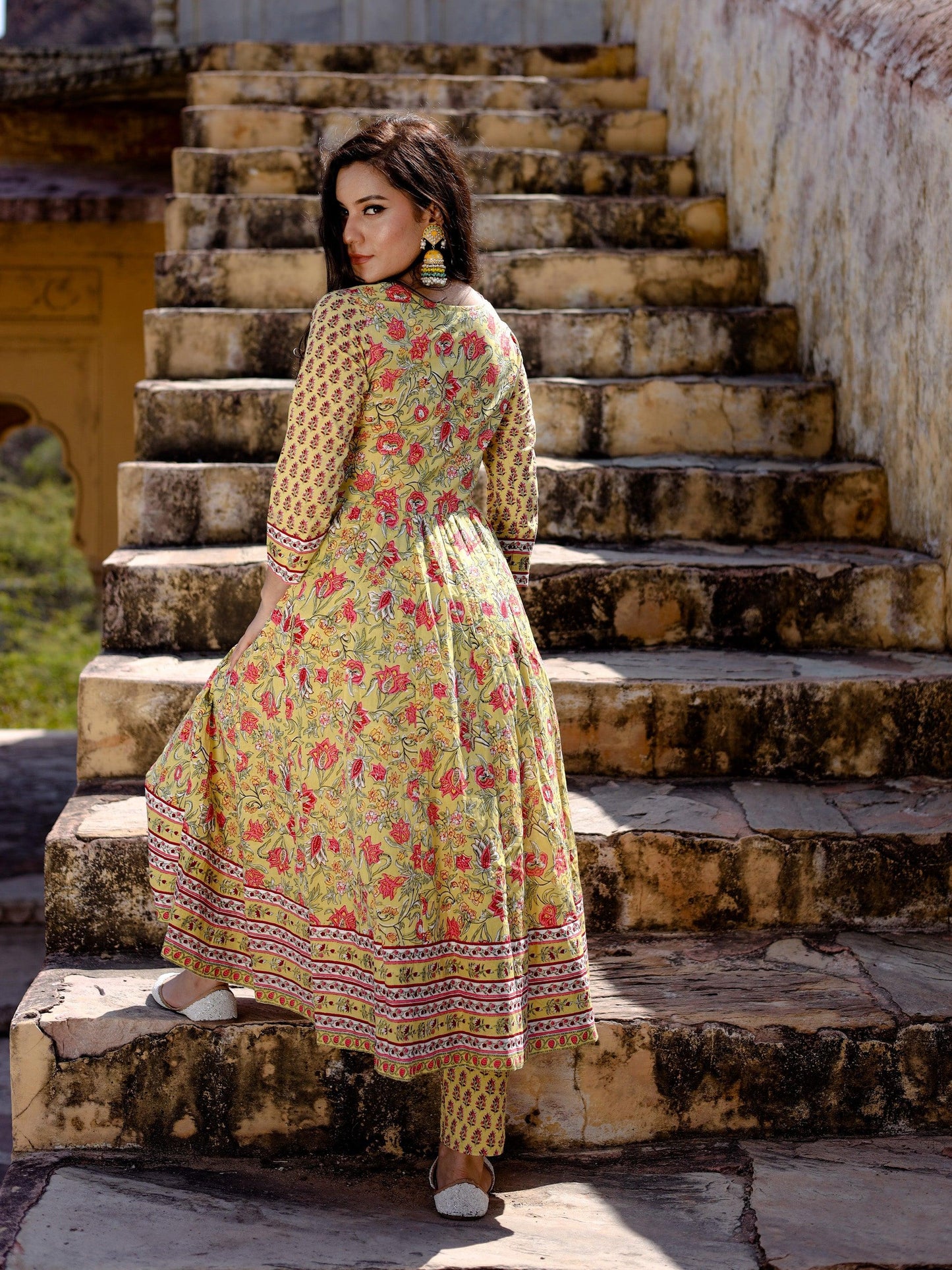 Divena Yellow Cotton Anarkali Kurta pant Set