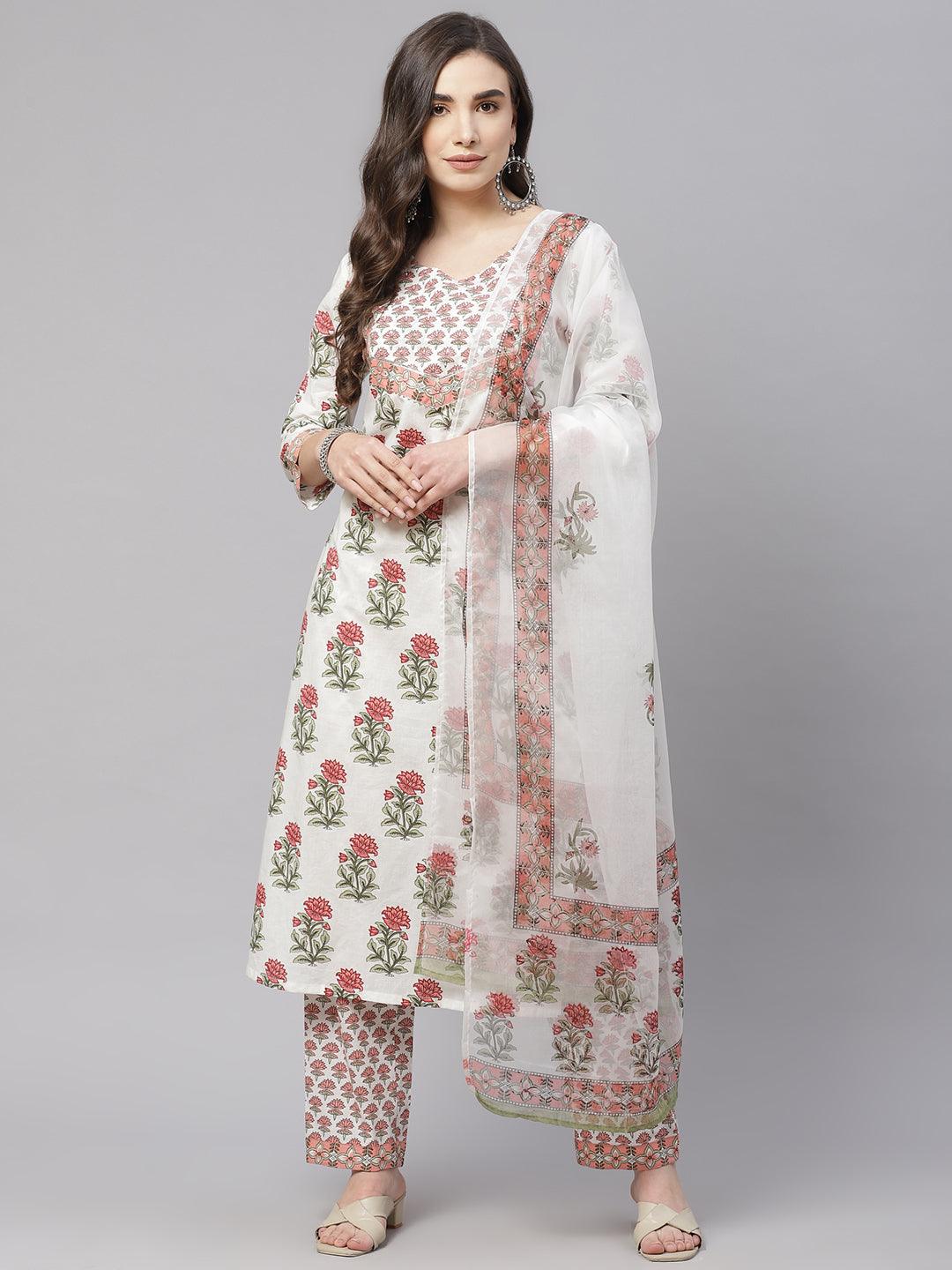 White Floral Kurta Pant Set With Dupatta For Women