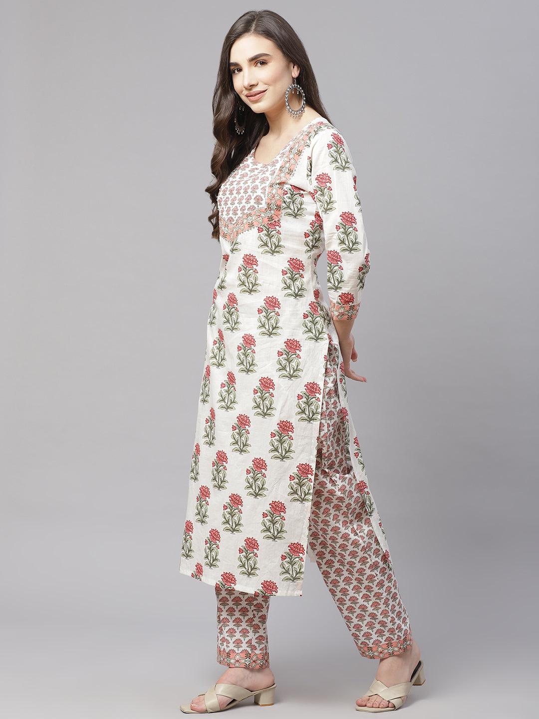 White Floral Kurta Pant Set With Dupatta For Women
