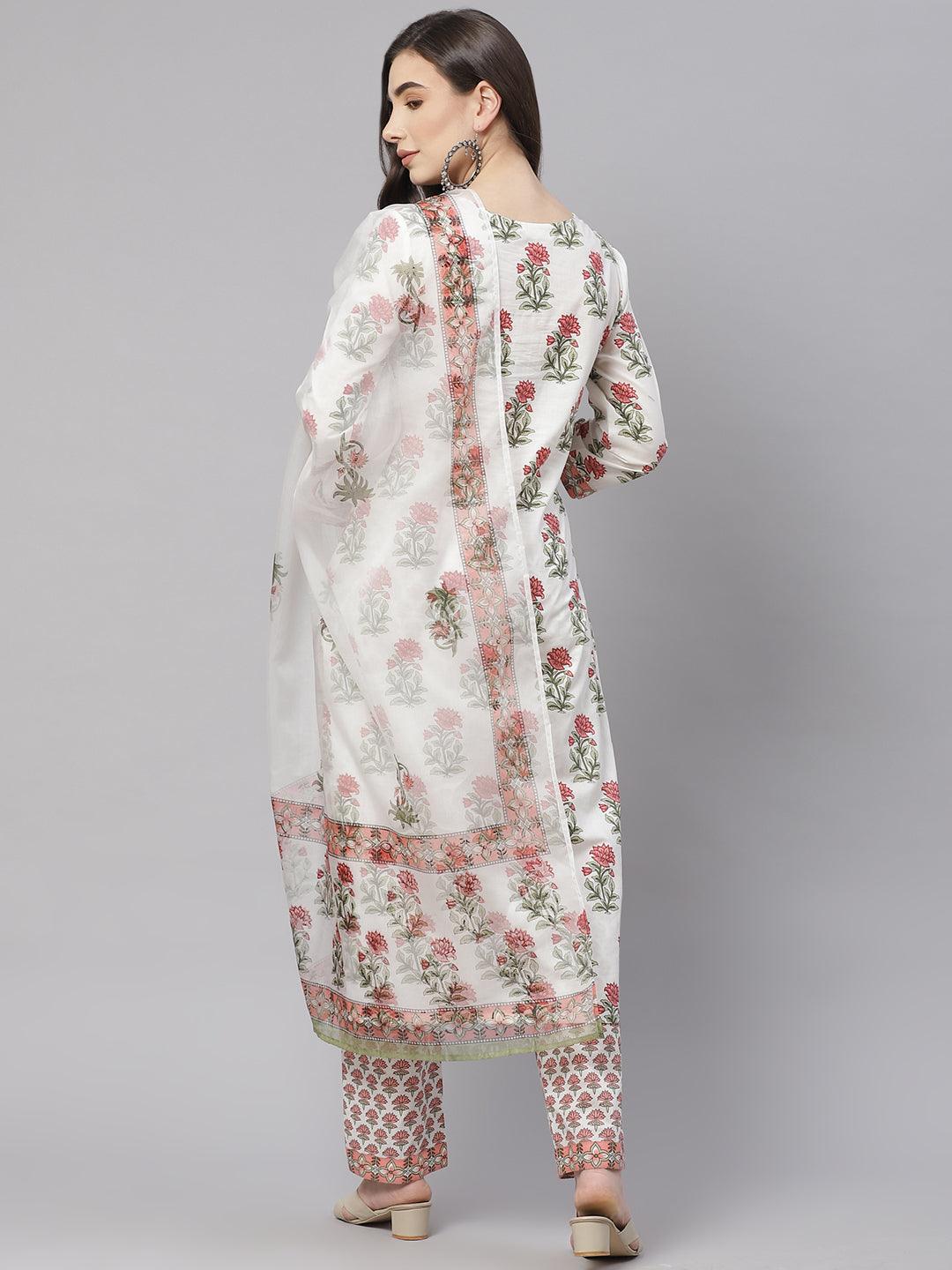 White Floral Kurta Pant Set With Dupatta For Women