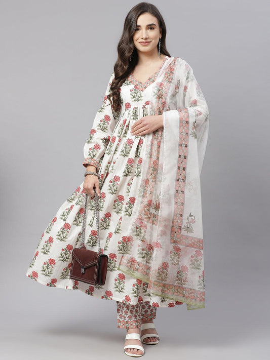 Divena White Floral Anarkali Kurta Pant Set With Dupatta For Women