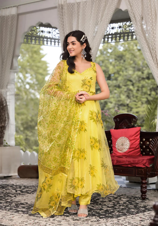 Light Yellow Organza Hand Print Ethnic Anarkali Kurta Set