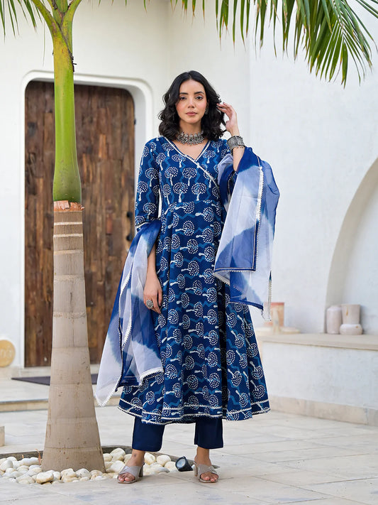 Indigo Blue Cotton Floral Handblock Print Anarkali Ethnic Kurta Sets